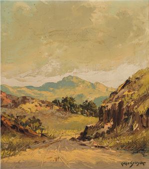 A landscape painting of a winding road through sunlit hills and rocky cliffs.