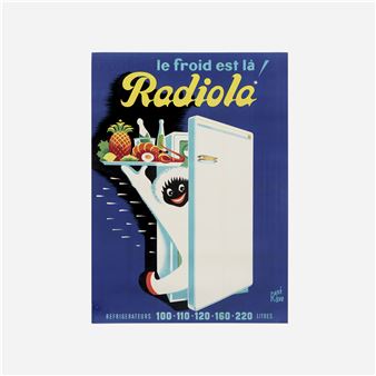A retro advertisement poster featuring a cartoon character peeking from behind a refrigerator with a tray of fresh food.