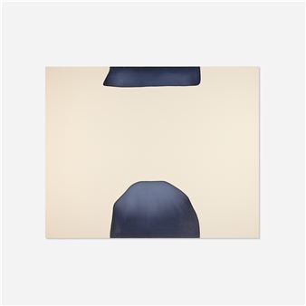 A minimalist composition featuring two dark blue shapes against a soft cream background.