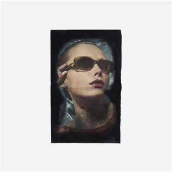 A surreal portrait of a figure wearing sunglasses, with water droplets and grainy texture overlaying the face.