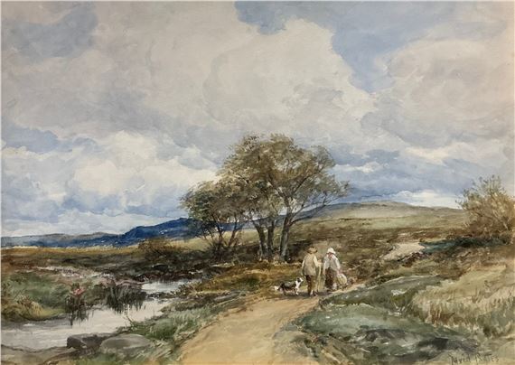 Welsh Landscape with two figures and a Collie - David Bates