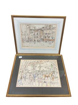 A framed diptych of watercolor street scenes depicting urban life and a festive gathering.