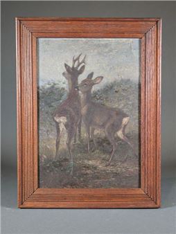 A framed painting of two deer standing in a natural landscape.
