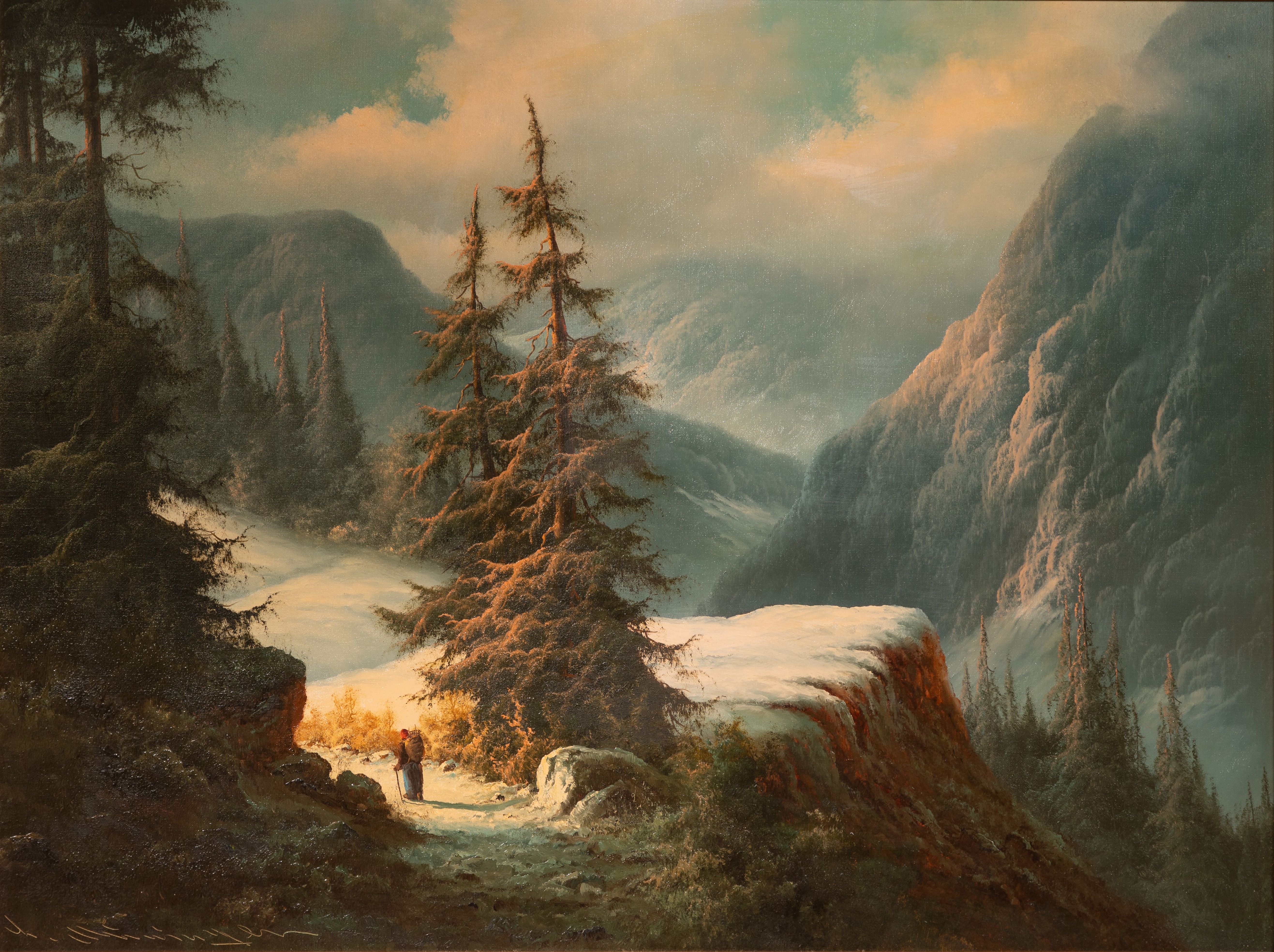 A romanticized mountain landscape featuring a lone figure in a vast, snow-dusted valley.