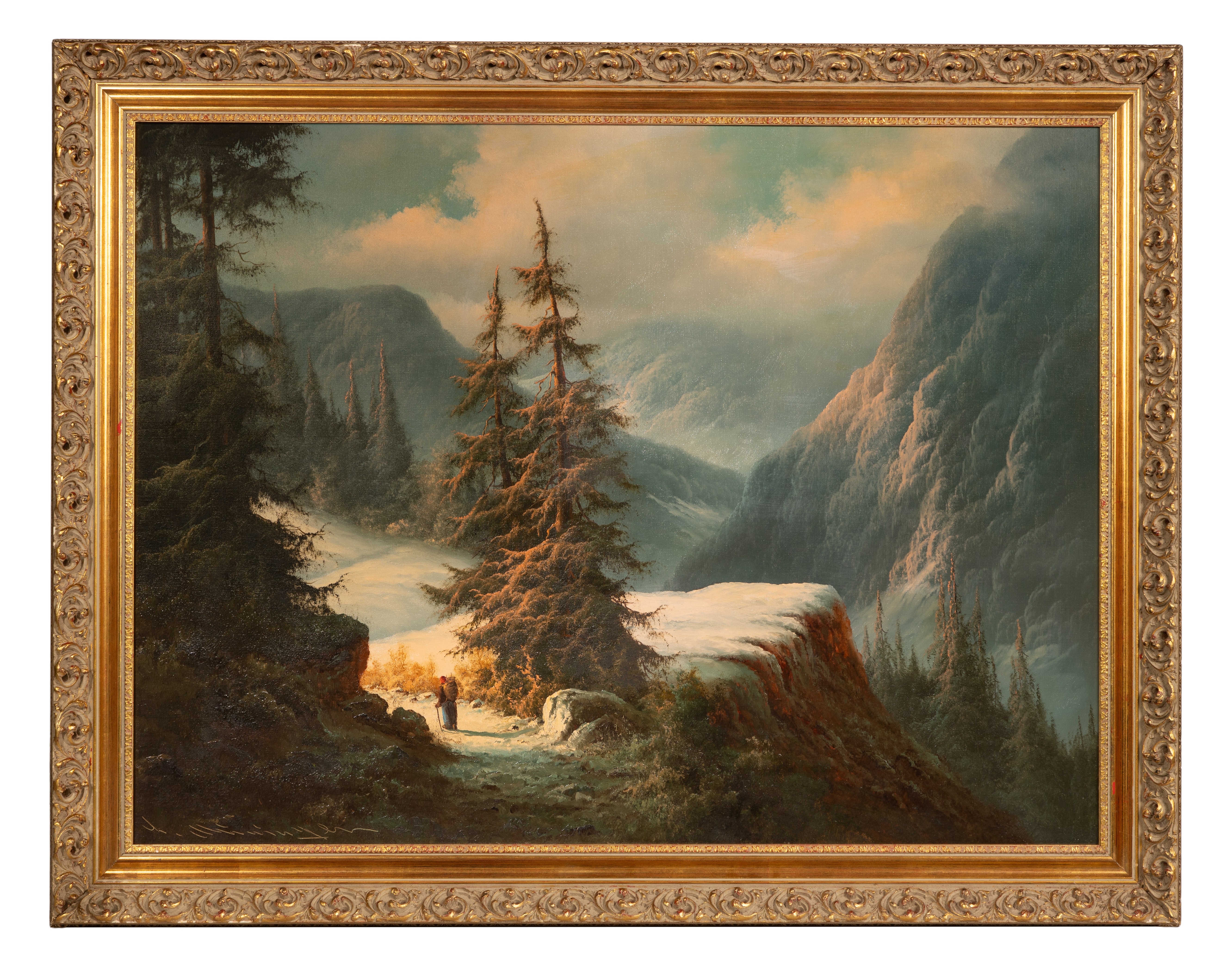 A romanticized mountain landscape featuring a lone figure in a vast, snow-dusted valley.
