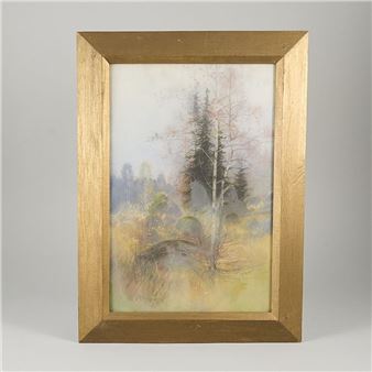 A watercolor landscape in a wooden frame depicting a misty forest scene.
