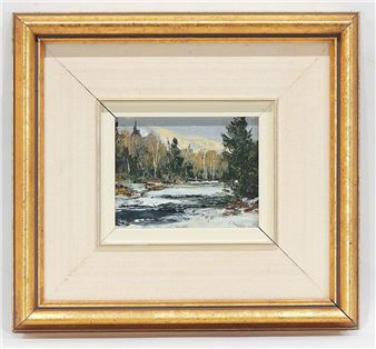 A framed landscape painting of a snowy river scene with evergreen trees and distant mountains.