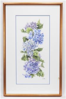 A framed botanical illustration of hydrangea flowers in soft blues and purples.