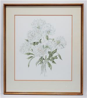 A framed botanical print featuring a cluster of white peonies with green leaves.