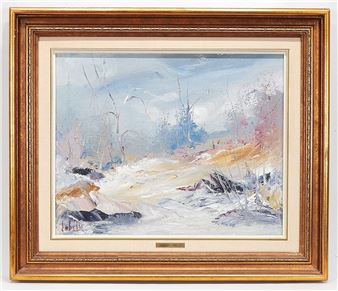 A winter landscape painting in a gold frame depicting a snowy path with bare trees and distant hills.