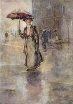A watercolor scene of a woman walking under an umbrella on a rainy city street.