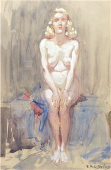A watercolor study of a seated nude figure with soft, naturalistic tones.