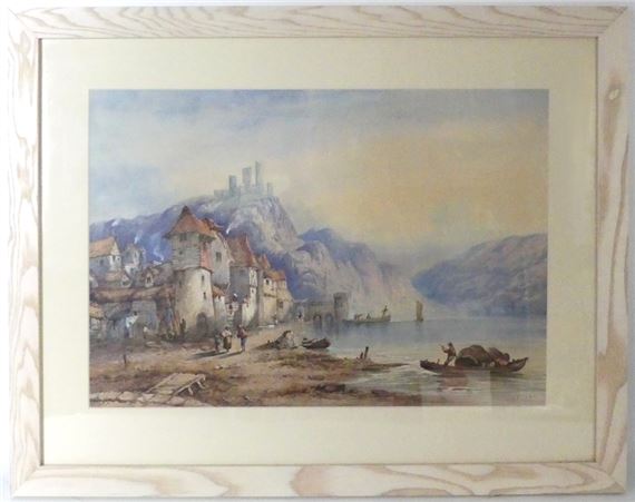 Watercolour - Continental costal scene with village and mountains in the background - Edwin St. John