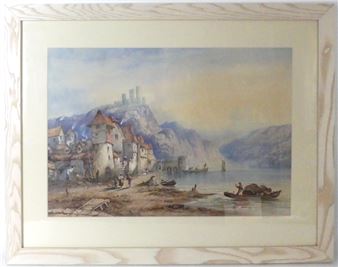 A watercolor landscape of a riverside town with a castle on a hill.