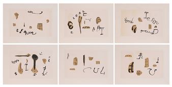 A six-panel collage of abstract compositions featuring scattered symbols, shapes, and handwritten marks on a neutral background.