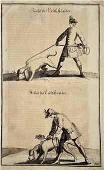 A historical print depicting two scenes of a person handling a dog with a leash.