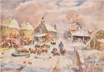 A watercolor winter scene of a rural village with sheep and a shepherd.