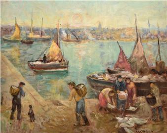 A vibrant impressionist scene of a bustling harbor with figures and boats under a hazy sky.