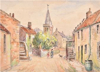 A watercolor painting of a quaint village street with a church steeple, rendered in warm earth tones.