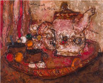 A textured still life of a teapot and cups on a tray with earthy tones.