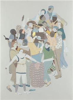 A crowded, layered illustration of diverse figures in a dense, overlapping composition.
