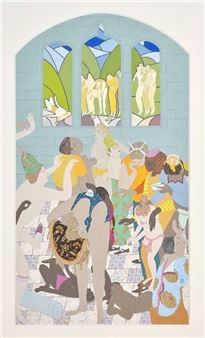 A vibrant, stylized illustration of a crowded indoor scene with figures in colorful attire and stained-glass windows.