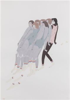 A group of figures in a line, rendered with soft colors and muted tones.