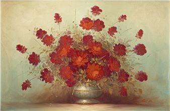 A vibrant still life painting of a lush bouquet of red flowers overflowing from an ornate silver vase.