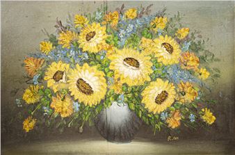 A vibrant floral still life featuring a large bouquet of sunflowers and blue flowers in a simple vase.
