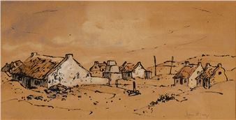 A sketch of a rustic village nestled in a hilly landscape under a warm, earthy sky.