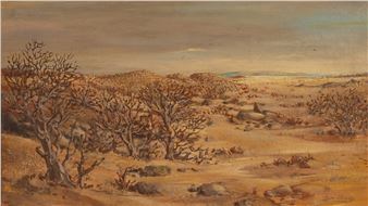 A desolate landscape painting featuring a barren desert with leafless trees under a muted sky.