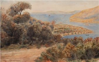 A watercolor landscape painting of a coastal town nestled between hills and a bay.