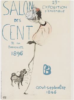 A whimsical poster featuring a tall, slender figure with exaggerated proportions and a small dog at its feet.