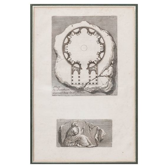 A framed print featuring an architectural plan and a seated figure.