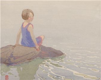 A solitary figure sits on a rock by the water, gazing into the distance.