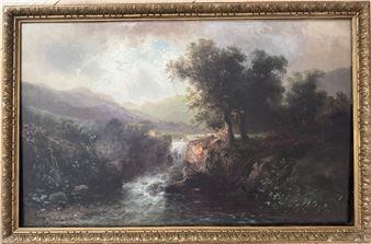 A classical landscape painting of a river flowing through a rocky valley with distant mountains and a large tree.