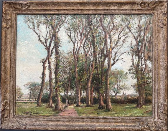 Figure by a Gate in Tree Lined Landscape - John Lavery