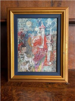 A framed mixed-media artwork featuring a central figure in red with two dogs, set against a textured background of blue and white.