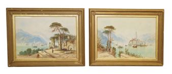 A pair of framed landscape paintings depicting coastal scenes with boats, trees, and distant mountains.