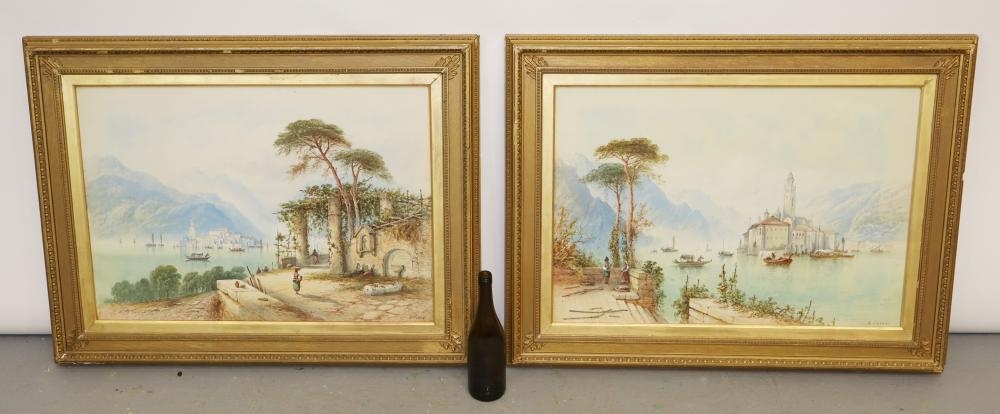 A pair of framed landscape paintings depicting coastal scenes with boats, trees, and distant mountains.