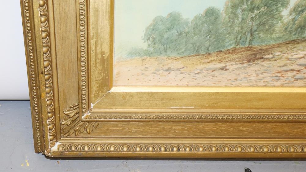 A pair of framed landscape paintings depicting coastal scenes with boats, trees, and distant mountains.