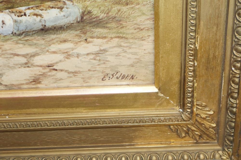 A pair of framed landscape paintings depicting coastal scenes with boats, trees, and distant mountains.