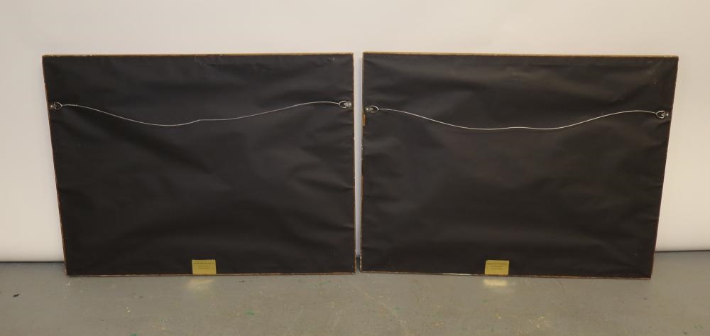A pair of framed landscape paintings depicting coastal scenes with boats, trees, and distant mountains.