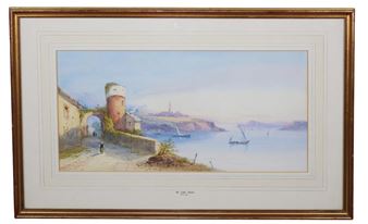 A framed watercolor landscape of a coastal town with a tower, archway, and boats on calm blue waters.