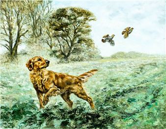 A golden retriever leaps in a grassy field while two birds fly overhead.