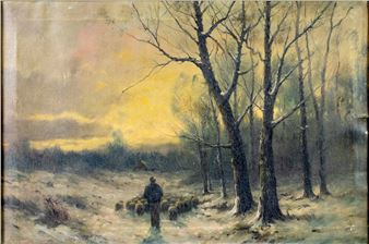 Sunset Landscape with Shepherd and Sheep Picture