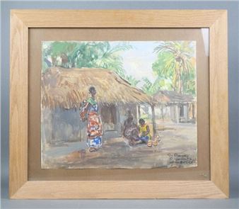 A watercolor scene of a village with thatched huts and figures in the foreground.