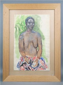 A watercolor portrait of a standing figure in a colorful wrap, framed in light wood.