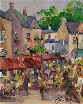 A vibrant impressionist painting of a bustling outdoor market scene with colorful umbrellas and a crowd of people.