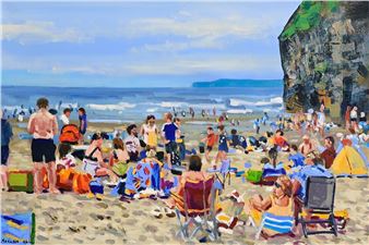 A vibrant oil painting of a crowded beach scene with figures relaxing on chairs and tents under a bright sky.